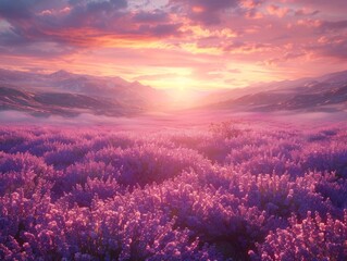 A beautiful field bursting with vibrant purple lavender flowers stretches endlessly under a...