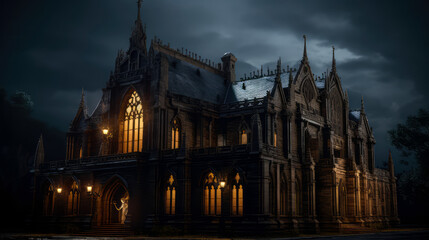 Fototapeta premium Gothic Architectural: Exploring the Intricacies of a Timeless Building in dark background. Halloween concept