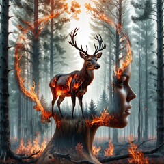 deer and a human face are superimposed over a forest on fire.