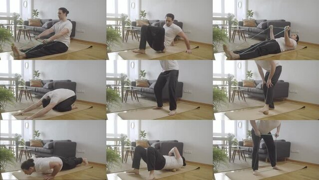 Collage image of young male doing workout at home