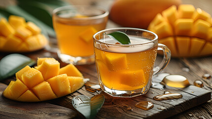Delicious Mango Tea with Fresh Mango Slices on Rim,
Kombucha or cider fermented drink. Cold tea beverage with beneficial bacteria, cinnamon
