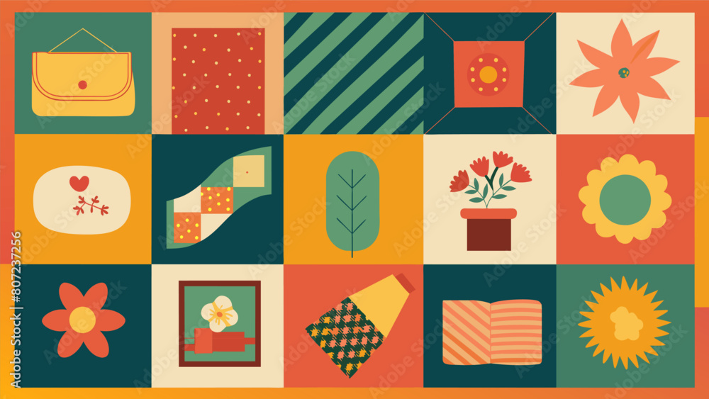 Poster a whimsical quilt pieced together from a variety of retro prints and vintage linens each square tell
