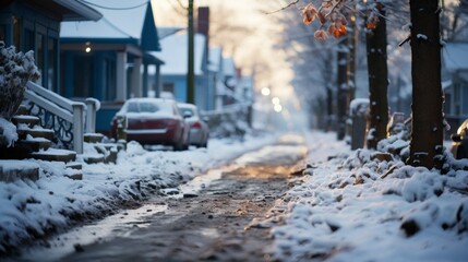 Fototapeta premium Defocused Small winter town. Snow-covered street with residential buildings and commercial lower floors. America peaceful landscape snow amazing winter sunset or morning scenery in residential houses
