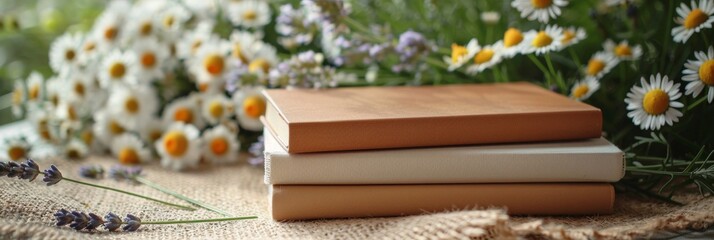 Tranquil Self-Care Concept with Journals and Wildflowers on Sand-Colored Surface