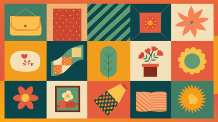 A whimsical quilt pieced together from a variety of retro prints and vintage linens each square telling a unique story of days gone by.. Vector illustration