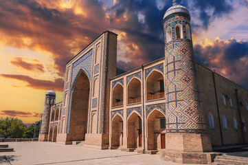 exterior of ancient Uzbek Islamic Kukeldash madrasah in Tashkent in Uzbekistan. Old madrasa in Asia...