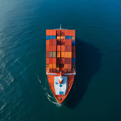 Cargo container ship at sea, top view