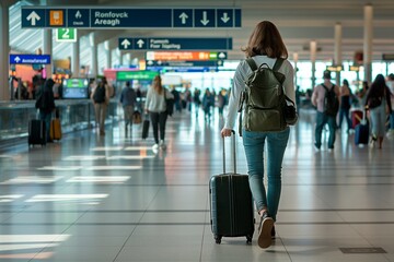Naklejka premium Traveler at airport with rolling suitcase