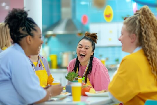 Diverse Healthcare Team Sharing Joyful Break in Hospital Cafeteria for Mental Health Awareness