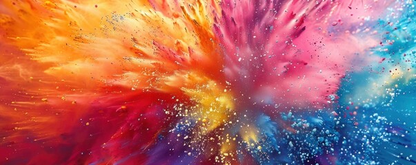 Banner of abstract colorful background. Pattern of bright festive burst of multicolored powder. Splash of color paint
