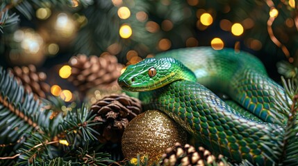 Fototapeta premium green snake on a background of gold sequins and branches of fir trees.