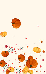 Orange Gourd Background Beige Vector. Plant Decorative. Green Decoration Set. Holiday Template. Red Leaf Botanical Card.