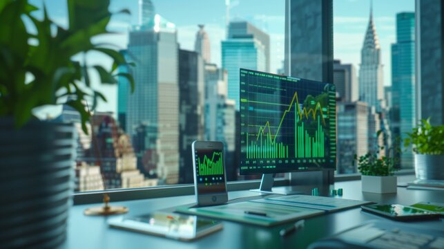 Modern Financial Office with Panoramic City View Showcasing Green Tech Investments