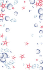 Blue Seashell Background White Vector. Scallop Marine Illustration. Coastal Textile Card. Orange Snail Collection Wallpaper.