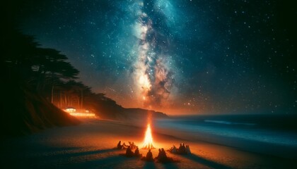 A scene of star-gazing on Carmel Beach, where Milky Way is strikingly visible, stretching across sky