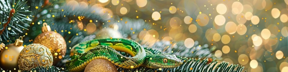 Fototapeta premium green snake on a background of gold sequins and branches of fir trees.