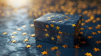 European Union Elections Concept Background,
a gift box lying on a blue surface with golden star