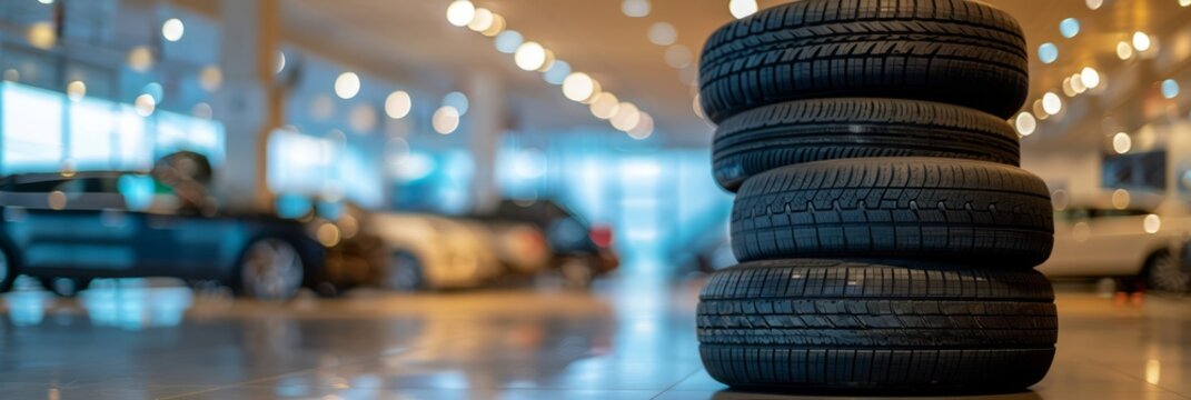 A stack of tires on the background of cars