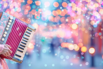 Vibrant Outdoor Festival Celebration with Female Accordion Player at Dusk
