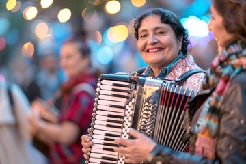Hispanic Woman Celebrates National Accordion Awareness Month with Dusk Street Performance