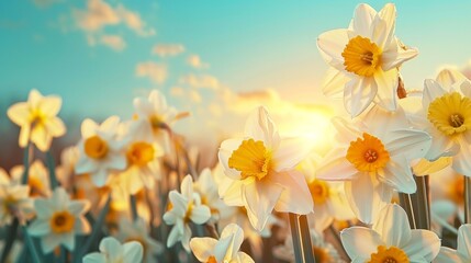 Fototapeta premium Radiant Dawn: A Serene Field of Daffodils Basking in Warm Sunrise Light - Springtime Natural Background