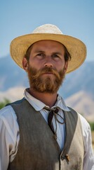 Fototapeta premium A man wearing a straw hat and a beard in Utah's Pioneer Day celebration