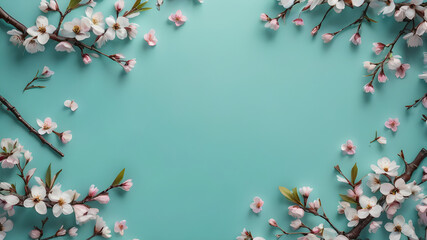 Beautiful Turquoise blue background with spring cherry blossom branches, top view, flat lay, frame. Creative springtime layout