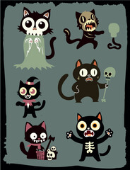 Set of retro cartoon halloween cats - vector illustratiob