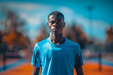 Fototapeta premium Young Black Male Athlete with Wearable Tech on Urban Tennis Court: Tenniscore Fashion Meets Innovation