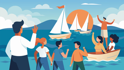 As the clinic comes to an end the participants say goodbye to their new sailing friends and feel a sense of accomplishment as they sail back to shore. Vector illustration