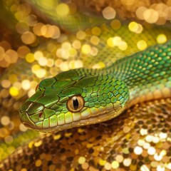 Fototapeta premium green snake on a background of gold sequins with space for text.