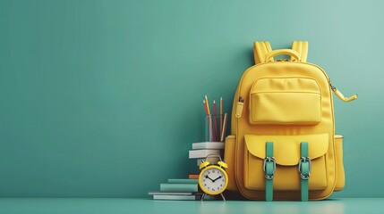 Stylish yellow school backpack with arranged study supplies against a clean teal background