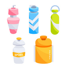 Set sports water bottles on white background. Athlete accessory, fitness.