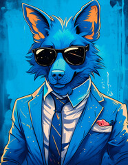Digital illustration in blue tones of a fox in a blue suit, dark sunglasses, urban pop art style, modern art decorative illustration for interior decoration