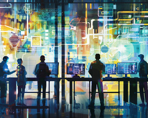 AI technology hub with engineers programming advanced machine learning systems, visualized through screens showing complex algorithmswatercolor illustrations
