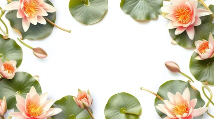 blooming water lilies frame on white background