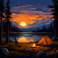 outdoor camping background,A picturesque camping site in nature with tents and campfire, forest, lake, mountain, generated by AI
