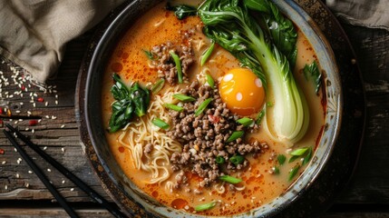 A plate of ramen with creamy orange broth, ground beef, bok choy and egg in the style of 