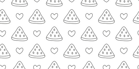 Black and white seamless pattern with cute doodle outline watermelon slices, hearts.