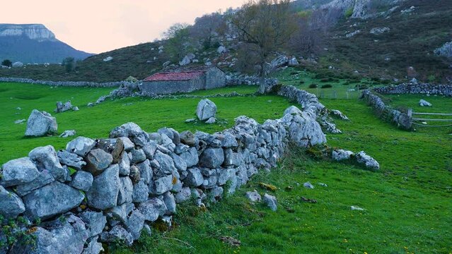 Spring landscape of meadows, forests and rocks in the Ason Natural Park. Soba Valley, Cantabria, Spain, Europe