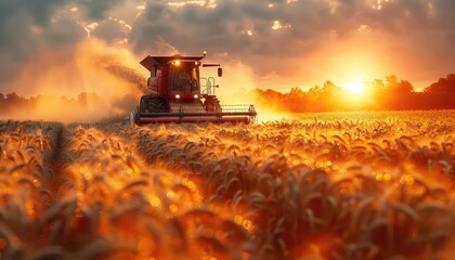 Fototapeta premium A combine harvester harvests a field of wheat at sunset