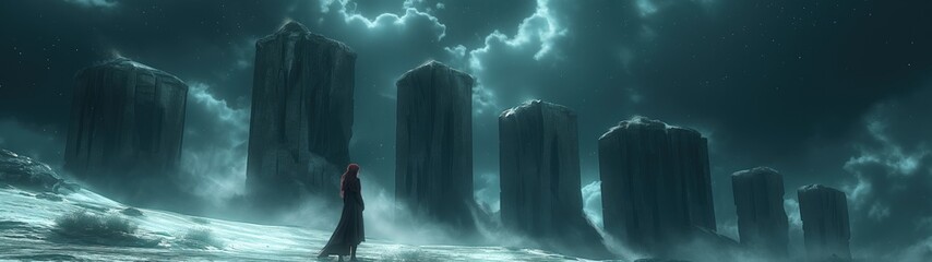 panoramic background for double screen or banner of a woman stands in front of a row of tall, dark stone buildings. The sky is cloudy and the atmosphere is mysterious and ominous