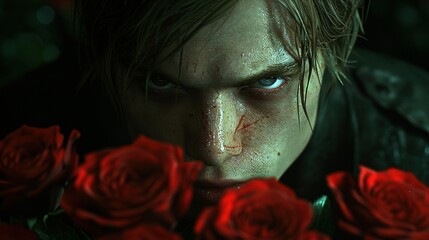   A person with roses in front of them, blood stains on their face