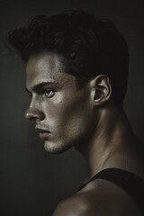 Portrait of a young handsome man on a dark background,  Men's beauty, fashion
