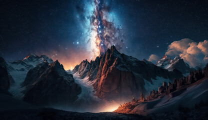 Beautiful Starry Night, Colorful Sky and Mountains under the Milky Way Galaxy, natural landscape...