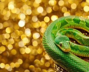 Fototapeta premium green snake on a background of gold sequins with space for text.