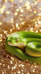 Obraz premium green snake on a background of gold sequins with space for text.