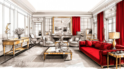 MLuxurious Room with Golden Furnishings and Red funiture, Enhanced by Black and White Sketch and One-Line Drawing
