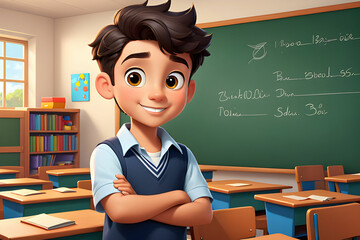 Cute Cartoon Character Boy in Classroom