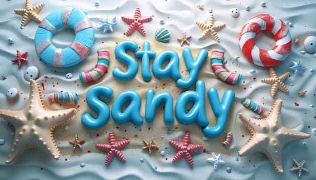 Stay Sandy: Colorful Beach Accessories and Starfish on Sandy Background